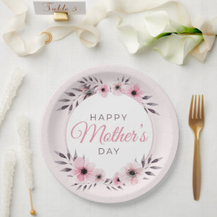 Happy Mother's Day Watercolor Pink Floral Flowers Paper Plate