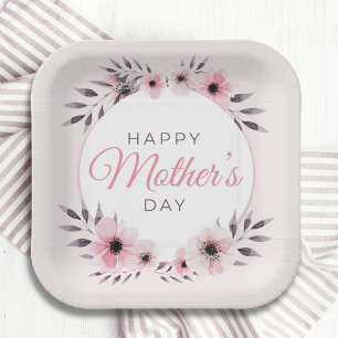 Happy Mother's Day Watercolor Pink Floral Flowers Paper Plate