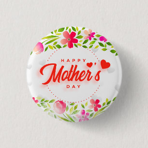Happy Mother's Day Watercolor Pink Floral & Hearts 1 Inch Round Button