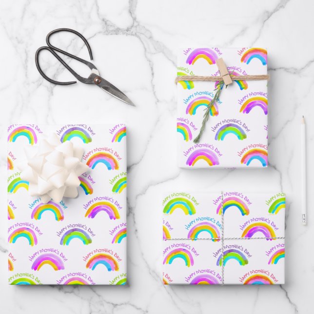 Happy Mother's Day Watercolor Rainbow Pattern Wrapping Paper Sheet (Front)