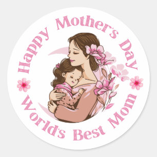 happy mothers day , worlds best mom, pink script classic round sticker