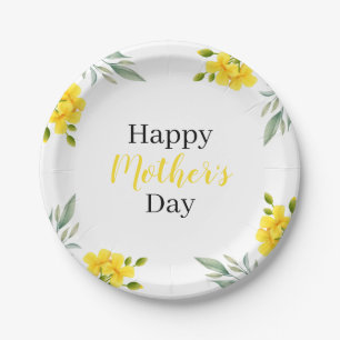Happy Mother's Day Yellow Floral and Leaves Party Paper Plate