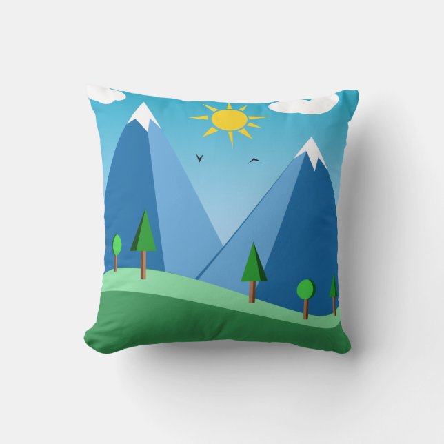 Happy Mountains and Trees Scene Throw Pillow (Front)