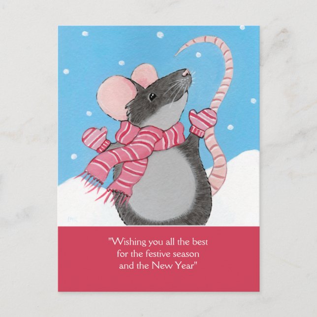 Happy Mouse in Snow Festive Season Postcard (Front)