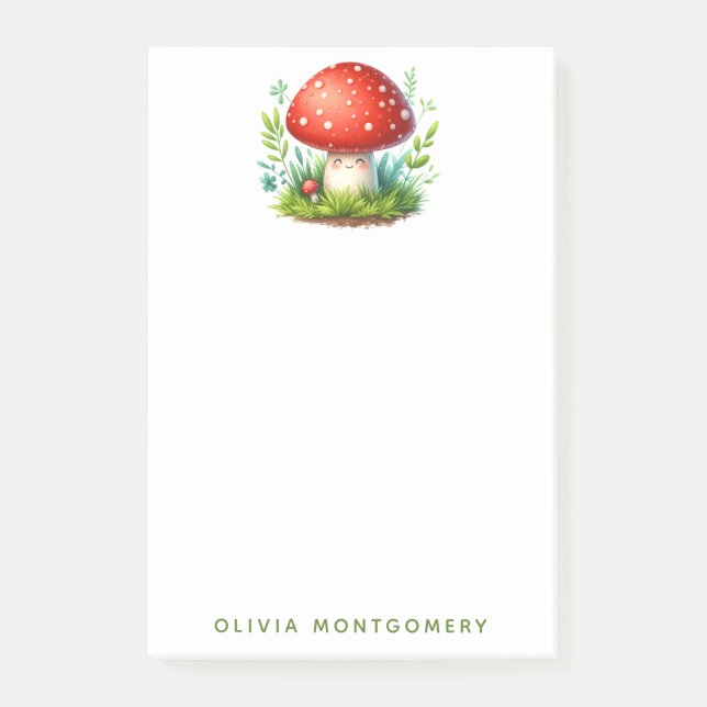 Happy Mushroom Redcap Illustration Custom Name Post-it Notes (Front)