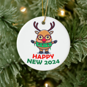 Happy New 2024 Year Reindeer Ceramic Ornament