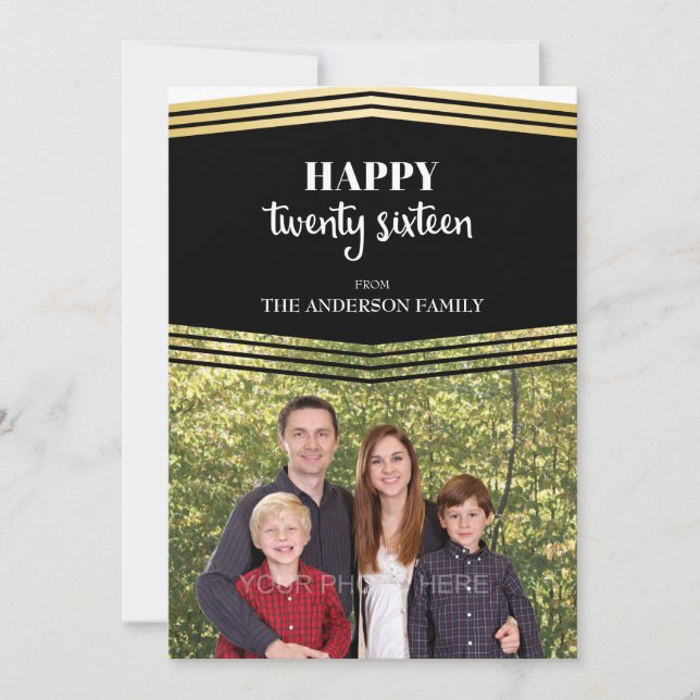 Happy New Year 2016, Gold & Black Photo Holiday Card (Front)