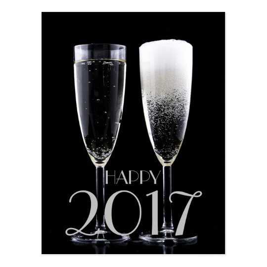 Happy New Year 2017 Black White Champagne Flute Postcard
