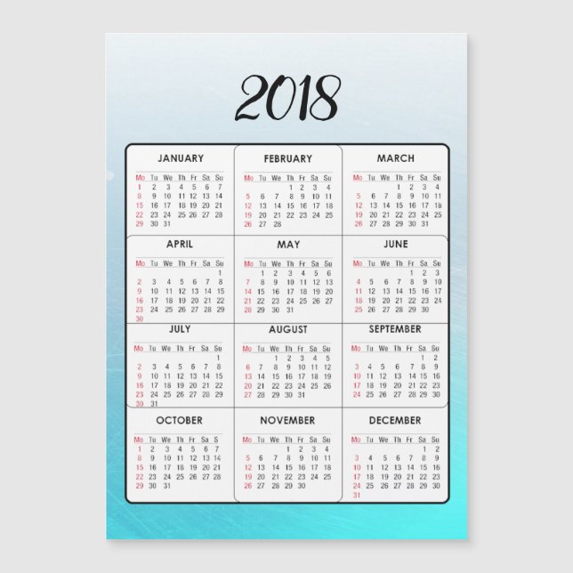 Happy New Year 2018 Aqua Blue Magnetic Calendar (Front)
