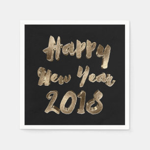Happy New Year 2018 Black and Gold Look Typography Napkin