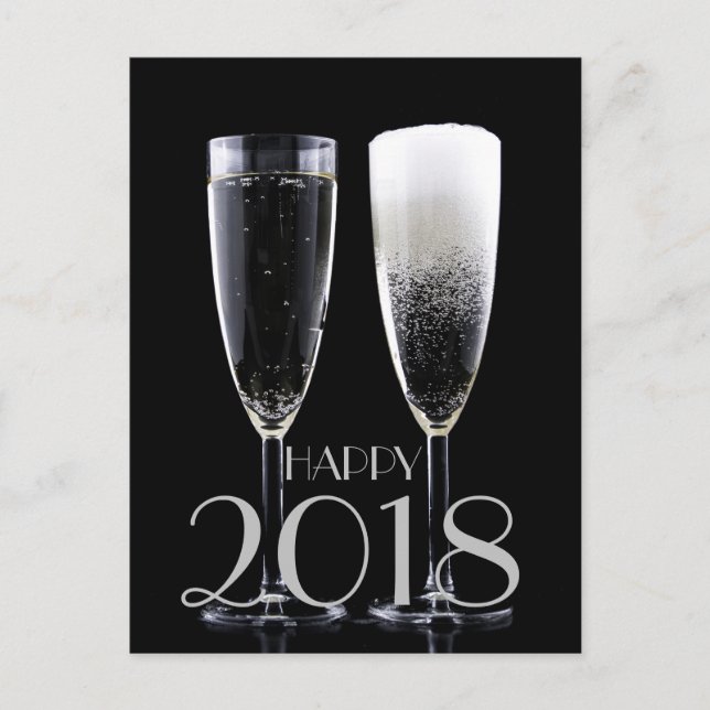 Happy New Year 2018 Black White Champagne Flute Holiday Postcard (Front)
