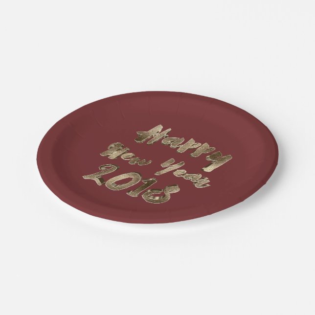 Happy New Year 2018 Burgundy Red Gold Typography Paper Plate (Angled)