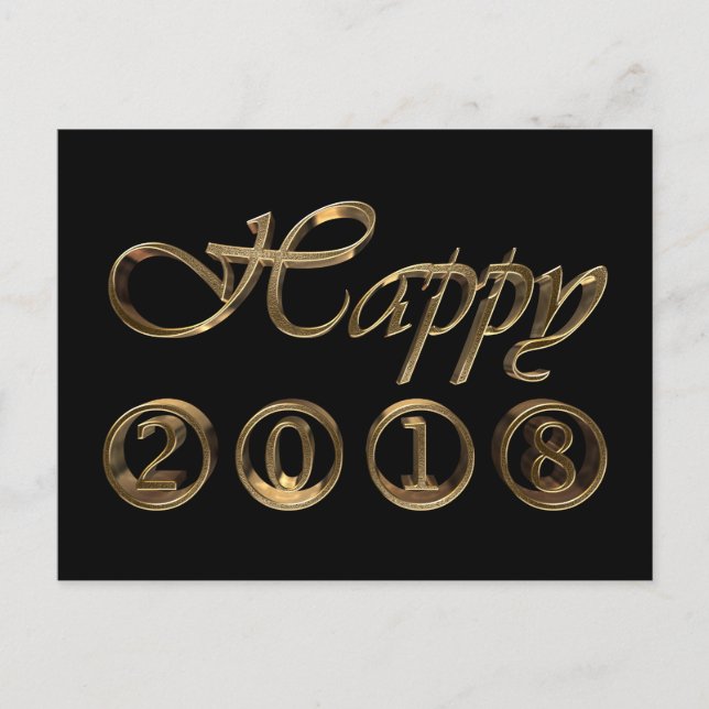 Happy New Year 2018 Elegant Black Gold Typography Holiday Postcard (Front)