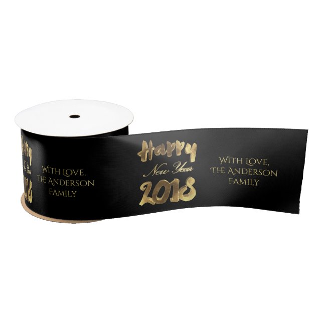Happy New Year 2018 Elegant Black Gold Typography Satin Ribbon (Spool)