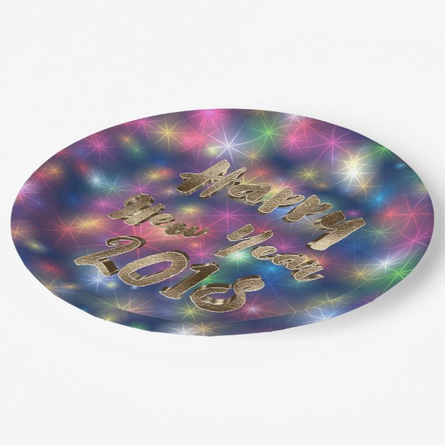 Happy New Year 2018 Rainbow Stars Typography Paper Plate (Angled)