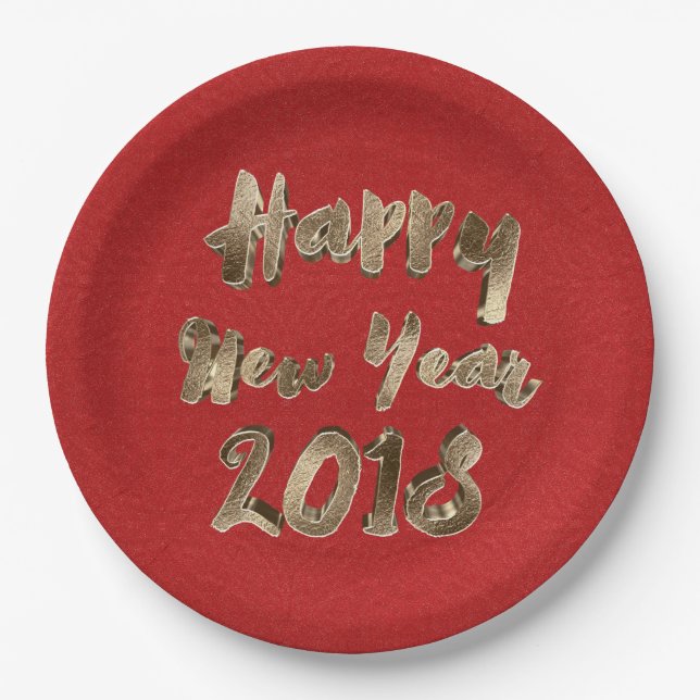 Happy New Year 2018 Red Gold Typography Paper Plate (Front)