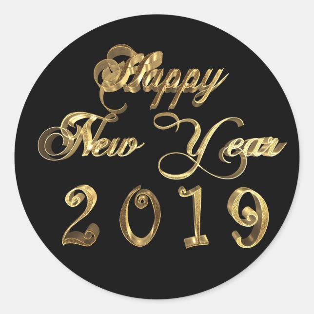 Happy New Year 2019 Black and Gold Script Classic Round Sticker (Front)