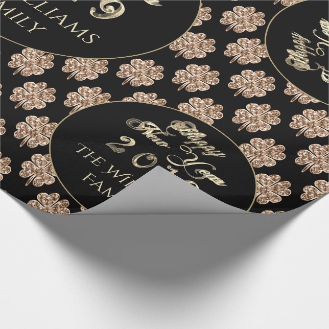 Happy New Year 2019 Elegant Black and Gold Clovers Wrapping Paper (Corner)