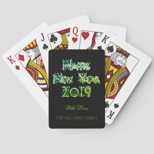 Happy New Year 2019 Elegant Black and Green Text Playing Cards (Back)
