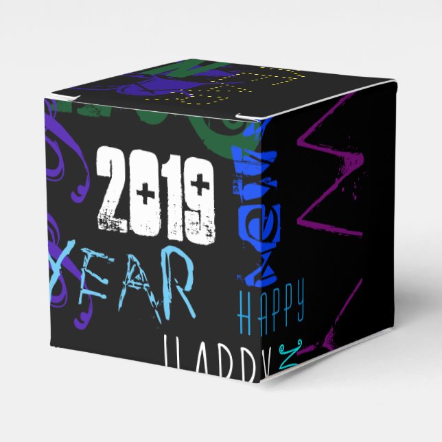 Happy New Year 2019 Pop Colours Favour Cube Favor Box (Front Side)