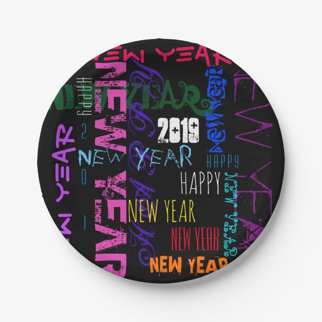 Happy New Year 2019 Pop Colours Paper Plate (Front)