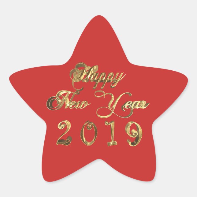 Happy New Year 2019 Red and Gold Script Chic Star Sticker (Front)