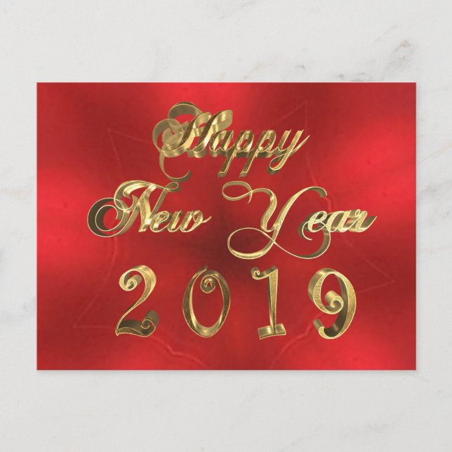 Happy New Year 2019 Script Red and Gold Chic Postcard (Front)