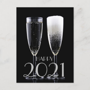 Happy New Year 2021 Black White Champagne Flute Holiday Postcard