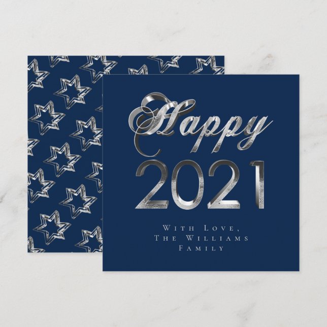 Happy New Year 2021 Chic Blue Silver Gray Script Holiday Card (Front/Back)