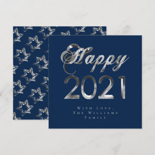 Happy New Year 2021 Chic Blue Silver Gray Script Holiday Card
