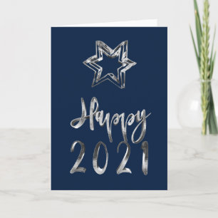 Happy New Year 2021 Elegant Blue Silver Gray Stars Holiday Card