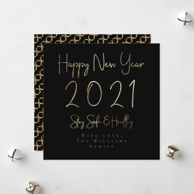 Happy New Year 2021 Elegant Gold Script Black Holiday Card (Front/Back In Situ)