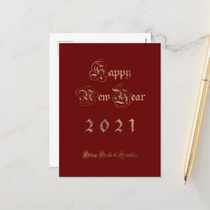 Happy New Year 2021 Elegant Red and Gold Script Holiday Postcard