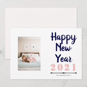 Happy New Year 2021 typography navy blush photo Holiday Card