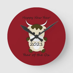Happy New Year 2021 Year of the Ox Round Clock