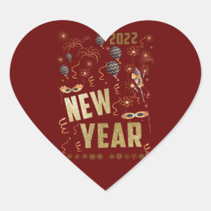 Happy New Year 2022, Holiday Gold Glitter Festive Heart Sticker