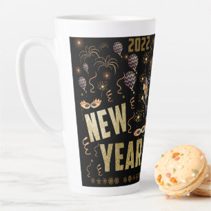 Happy New Year 2022, Holiday Gold Glitter Festive Latte Mug