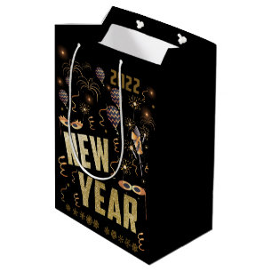 Happy New Year 2022, Holiday Gold Glitter Festive Medium Gift Bag