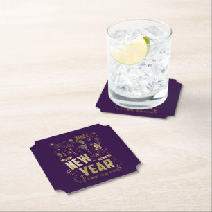 Happy New Year 2022, Holiday Gold Glitter Festive Paper Coaster