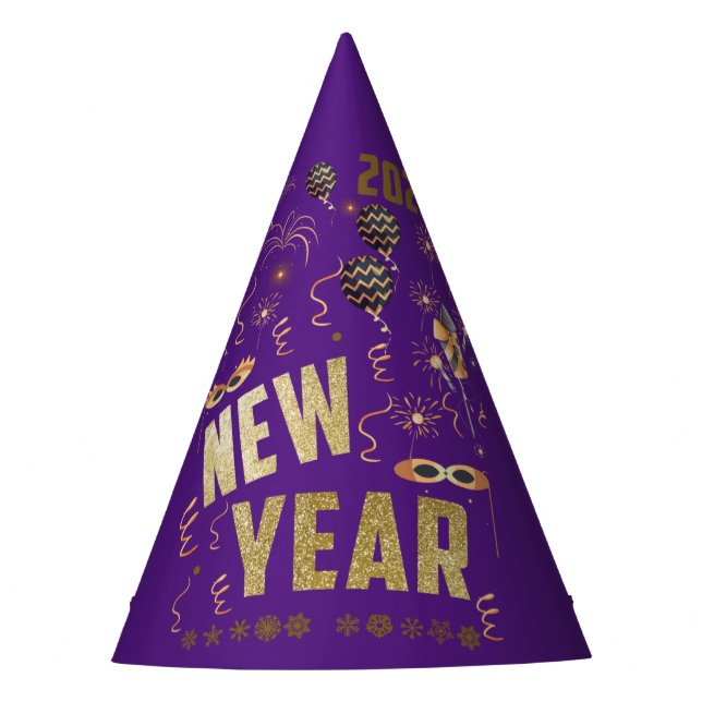 Happy New Year 2022, Holiday Gold Glitter Festive Party Hat (Front)