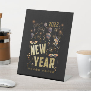 Happy New Year 2022, Holiday Gold Glitter Festive Pedestal Sign
