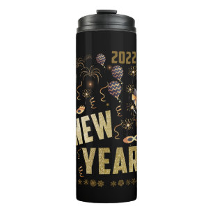 Happy New Year 2022, Holiday Gold Glitter Festive Thermal Tumbler