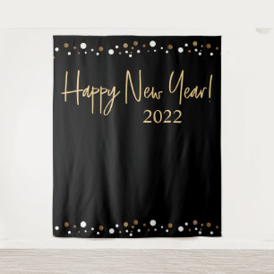 Happy New Year 2022 Script Black Gold Confetti Tapestry