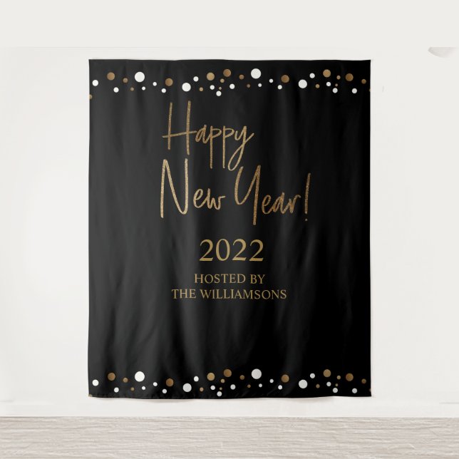 Happy New Year 2022 Script Black Gold Custom Tapestry (Front)