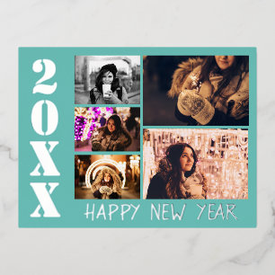 Happy New Year 2023 5 Photo Collage Real  Foil Holiday Postcard