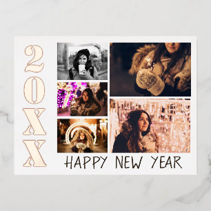 Happy New Year 2023 5 Photo Collage Real  Foil Holiday Postcard