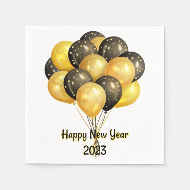 Happy New Year 2023 Black and Gold Balloons Napkin (Front)