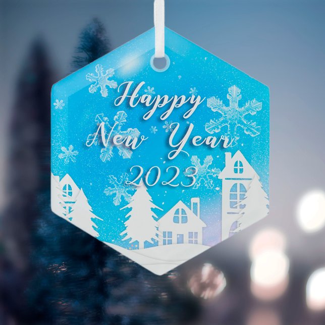 Happy New Year 2023 Blue White House Snow Glass Ornament (Creator Uploaded)