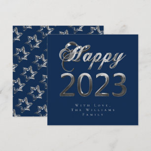 Happy New Year 2023 Chic Blue Silver Grey Script Holiday Card