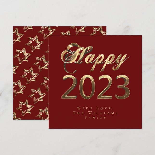 Happy New Year 2023 Chic Script Red and Gold Holiday Card (Front/Back)